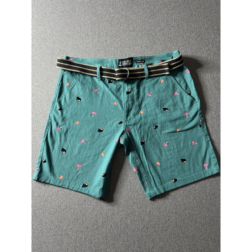 Raw Yarn Industries  Men's Stretch Twill Chino Teal Flamingo Toucan shorts 36